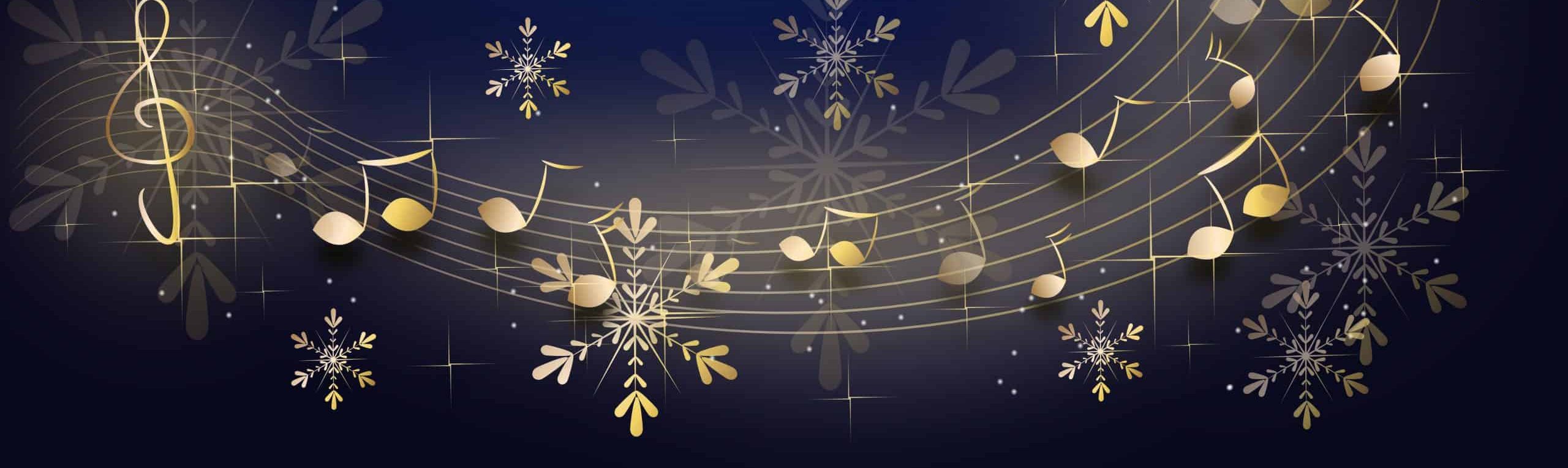 Dark blue background with shiny golden music notes and snowflakes