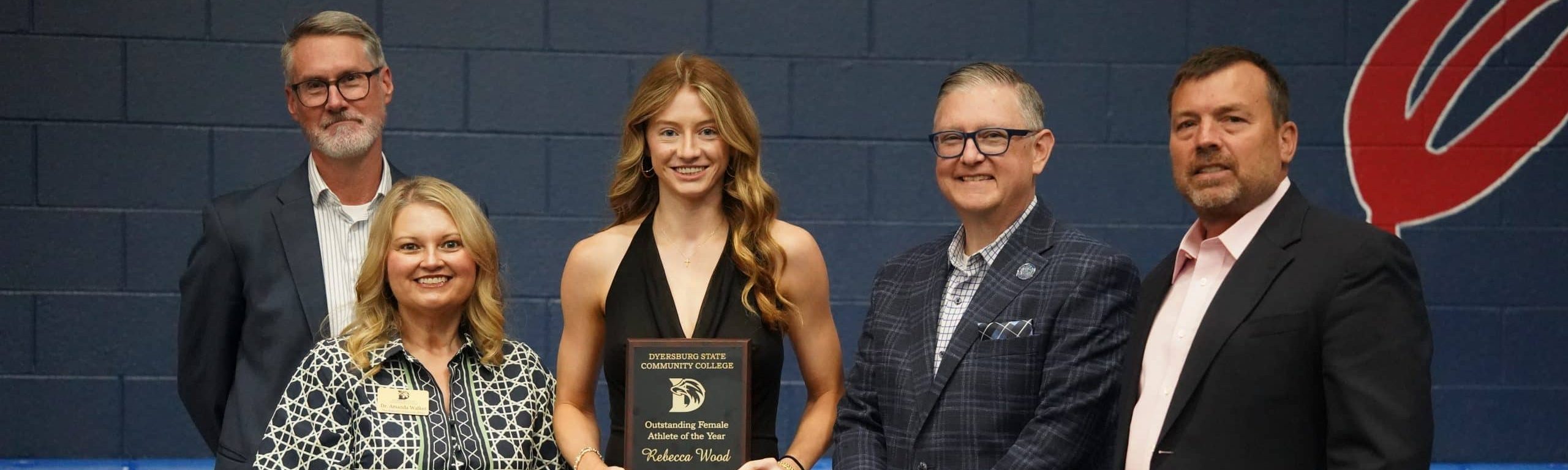 Female Athlete of The Year: Rebecca Wood (Women’s Basketball) wins Outstanding Female Athlete of The Year. (L to R: Athletic Director Steve Cornelison, VP of External Affairs Dr. Amanda Walker, Rebecca Wood, President Dr. Scott Cook, Women’s Basketball Coach Nathan Daume)