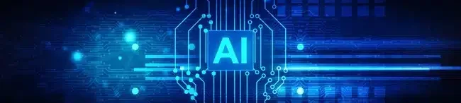 Blue digital illustration representing artificial intelligence technology. The image features glowing neon-blue circuitry forming the outline of a human brain with the letters “AI” in the center. Bright data lines and circuit patterns extend horizontally across a dark blue futuristic background with abstract grid elements and light effects.