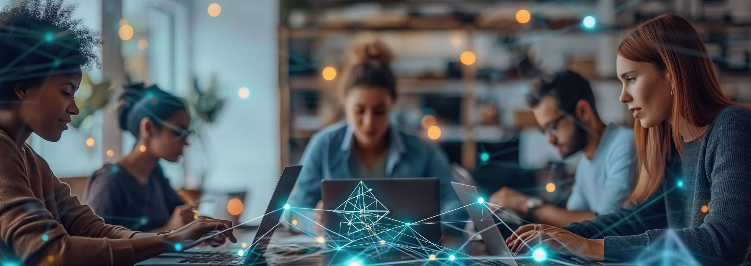 Five people work together on laptops in a contemporary office setting. An abstract overlay of interconnected lines, nodes, and geometric shapes spans the foreground, creating a visual representation of digital connectivity, artificial intelligence, data networks, and collaborative problem-solving. The background is softly blurred with warm ambient lighting.