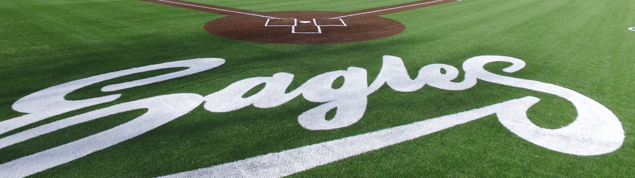 Photograph of the Dyersburg State Community College baseball field taken from behind home plate, looking across the diamond toward center field. In the foreground, the word “Eagles” is painted in large white script on the green artificial turf. The baseball diamond features brown turf around home plate, the pitcher’s mound, and base paths, with bright white foul lines extending toward first and third base. A green outfield fence surrounds the field, with a scoreboard visible in the distance on the left side. Leafless trees form a backdrop beyond the fence, and the scene is illuminated by daylight beneath a blue sky with thin, streaked clouds. The field appears well maintained and ready for play.