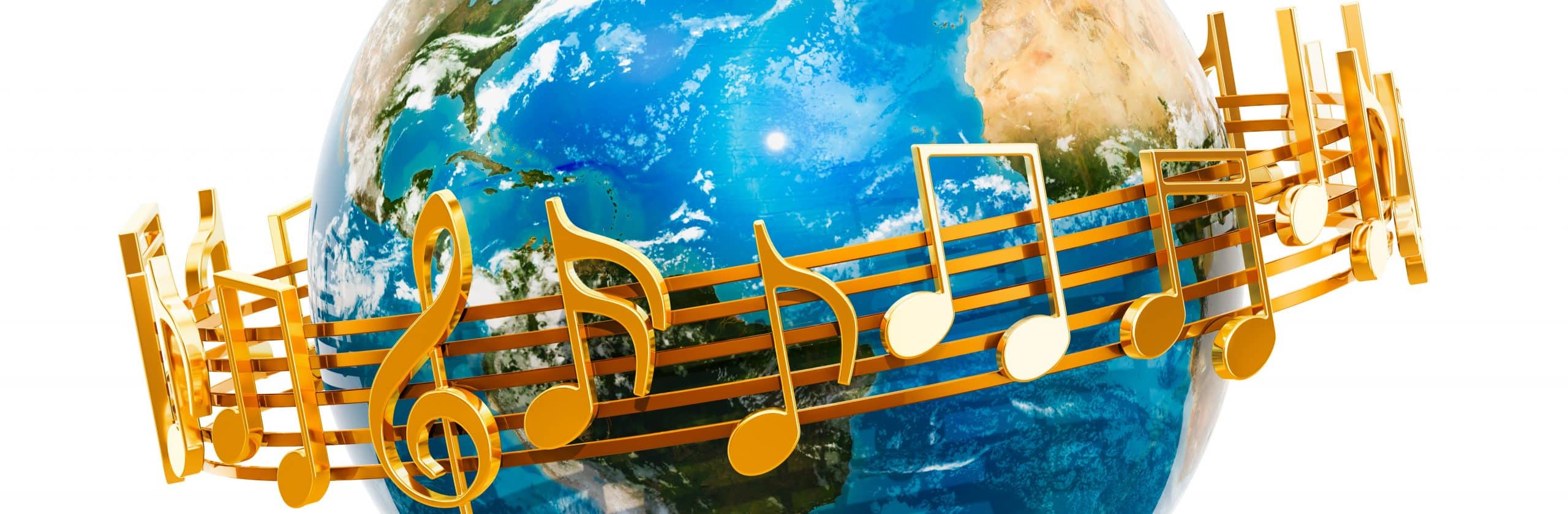 Realistic image of the Earth sphere with gold music notes circling it.