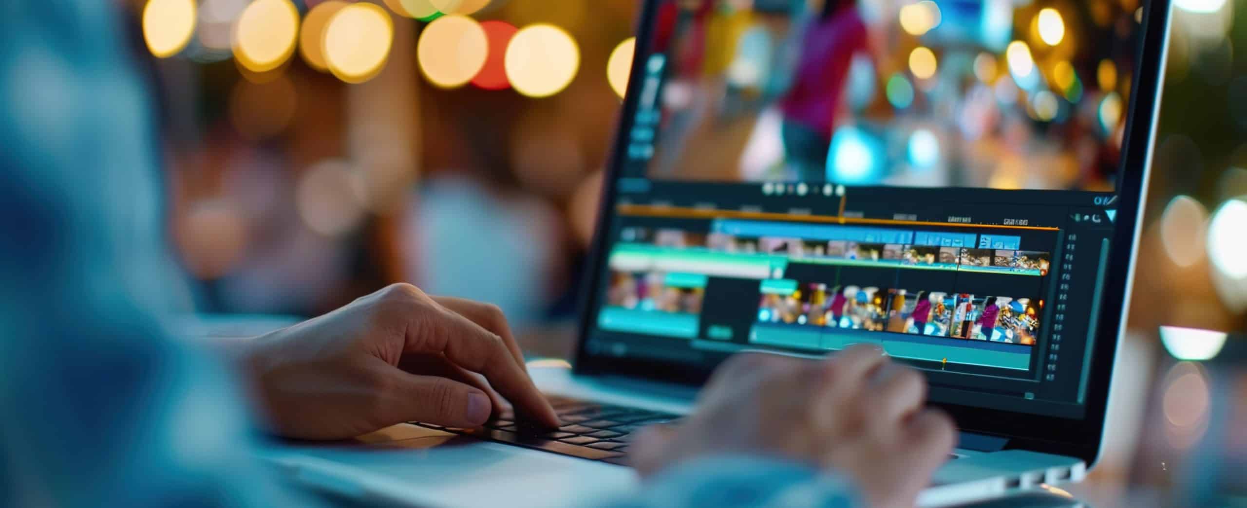 Image of a person working on digital content on a laptop in a bright atmosphere.