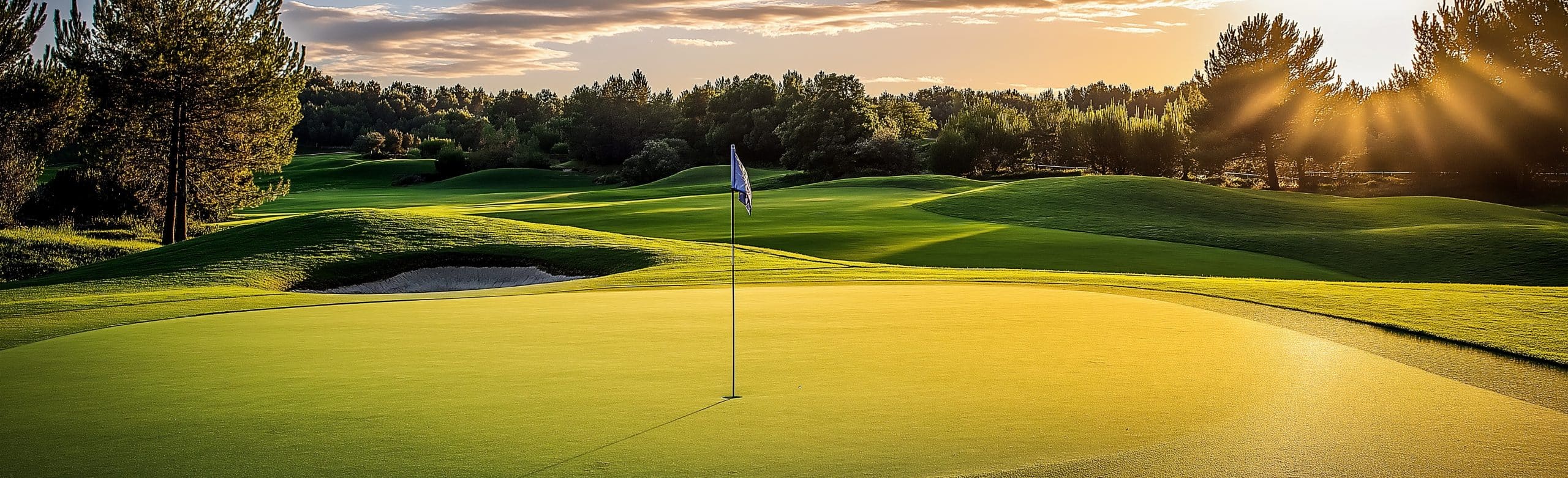 A scenic golf course bathed in warm evening sunlight. In the foreground, a large, well-manicured putting green stretches across the image, with a single flagstick marking the hole near the center. Behind the green is a sand bunker and gently rolling fairways covered in vibrant green grass. Dense trees border the course on both sides and in the distance. The low sun shines through the trees on the right, creating long shadows and golden light across the landscape. A partly cloudy sky glows with soft shades of gold and cream, emphasizing the peaceful outdoor setting.