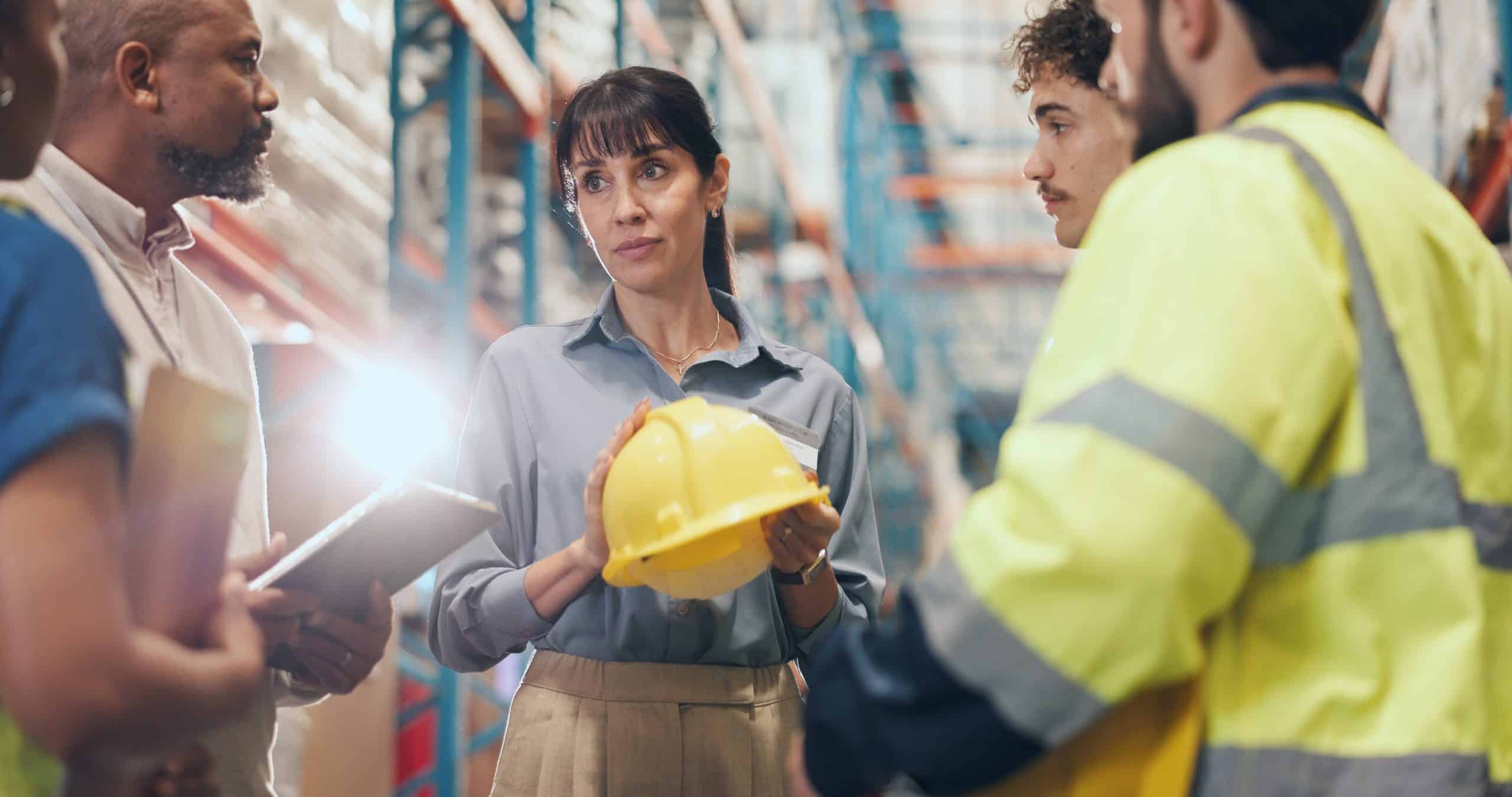 A group of people wearing workplace and safety attire stand in a warehouse or industrial facility during a discussion. One person in the center holds a yellow hard hat while speaking with others gathered nearby. Shelving units and industrial equipment are visible in the background, suggesting a workforce training, safety, logistics, or manufacturing environment. The group appears engaged in conversation about workplace operations or safety procedures.