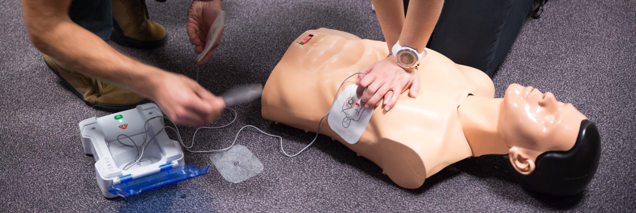 Image of a mannequin and two training professionals demonstrating life-saving skills.
