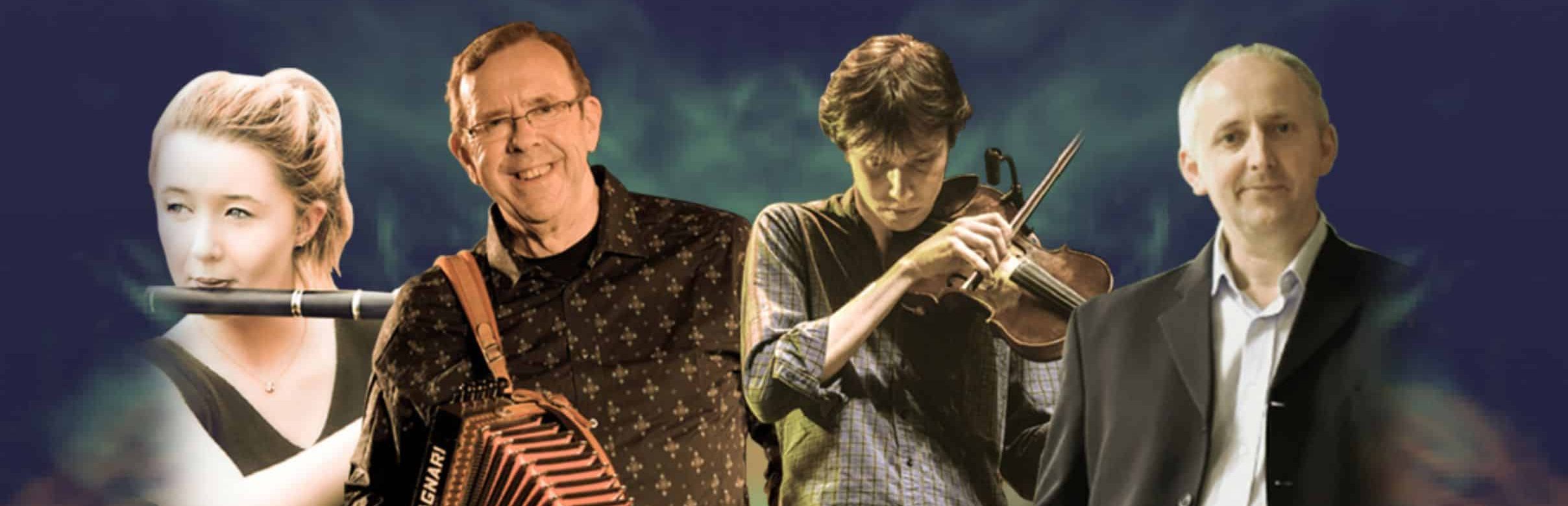 Promotional graphic featuring four musicians arranged across a dark blue background with soft green and blue light effects. From left to right: a flute player holding a flute horizontally, an accordion player holding a red accordion, a violin player performing with a violin and bow, and a person in a dark suit. The image has a concert-style design with blended lighting and no visible text.